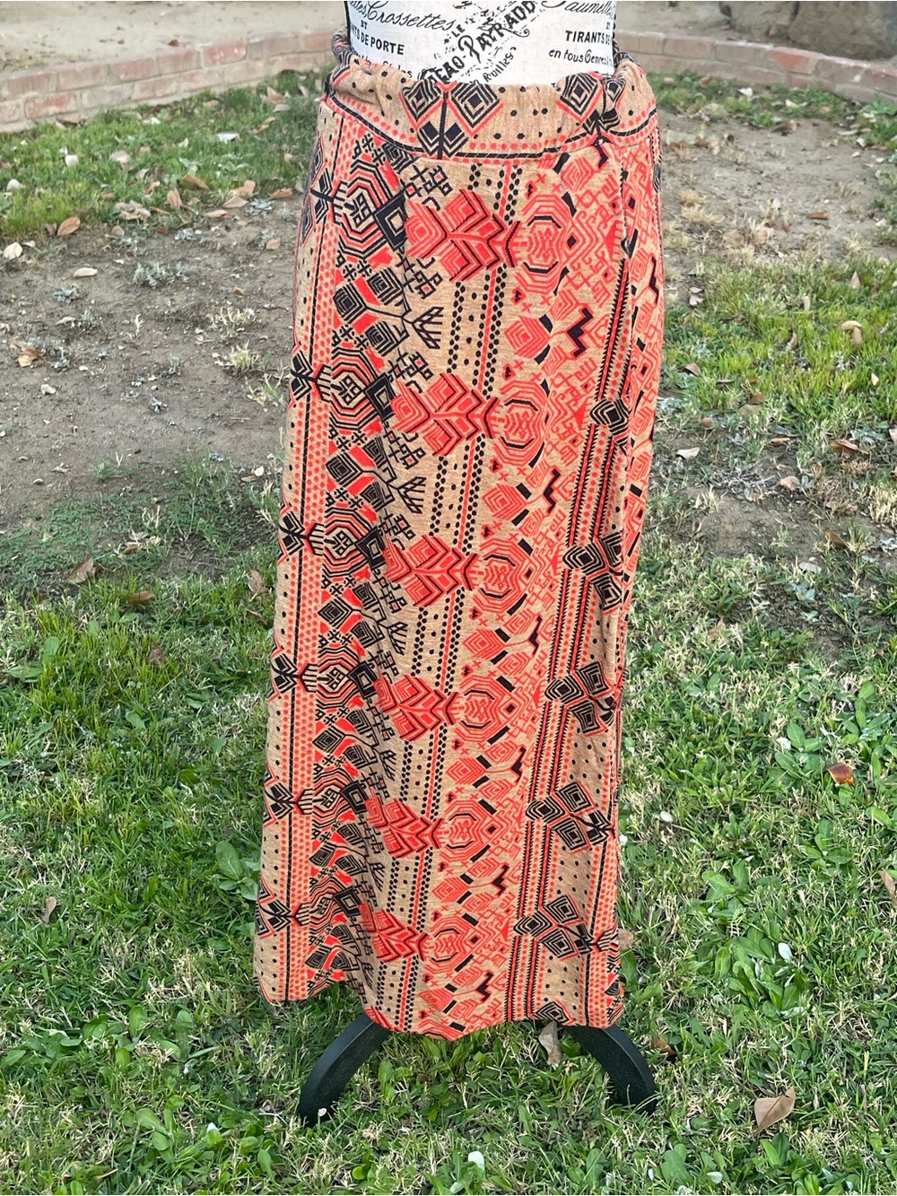 Vintage 70s Rosalind of California Tribal Geometric Knit Maxi Skirt Boho XS